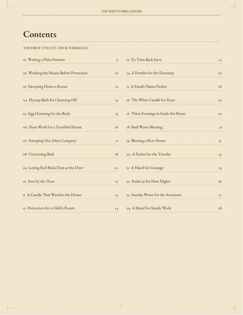 Actual table of contents page listing numbered rootwork workings